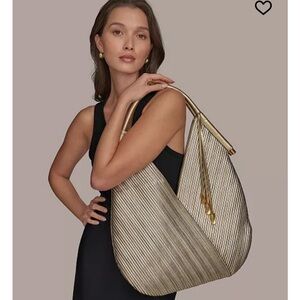 Large Gold Silver Metallic patchwork pleated Shoulder Bag - Donna Karan